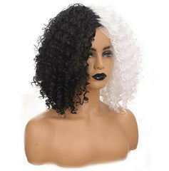 Short Afro Curly Wave Wig Middle Part Hale Black and Half White Heat Resistant
