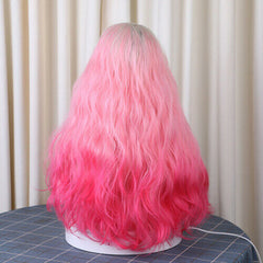 Glueless Long Wavy Lace Front Wig Ombre Blonde Pink Rose Red for Party
