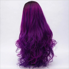 3 Tone Long Curly Synthetic Wig Ombre Color Black to Pink to Purple Hair Heat