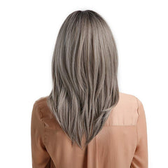 Long Ombre Grey Wavy Wig Shoulder Length Synthetic Hair Wigs With Bangs