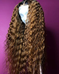 Synthetic Long Wigs Heat Resistant Fiber Hair for Black Women Curly Hair Lace Front Wigs Dark Root Ombre Red Brown Color 24inch