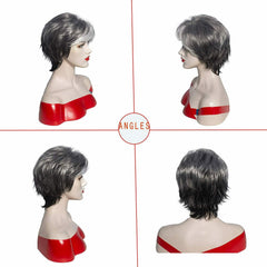 Short Grey Wigs for Women Mixed Gray Pixie Cut Wigs with Bangs Natural Layered