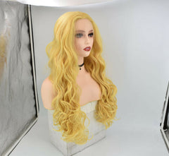 Long Synthetic 13x4 Lace Front Wig Golden Yellow Caramel Blonde Wavy Cosplay Wig