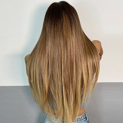 Long Straight Synthetic Hair Ombre Brown Wigs with Bangs for Women Daily Use