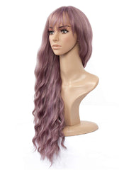 26 inch Long Wavy Wig With Air Bangs for Party Cosplay Heat Resistant Synthetic Wig Grey Pink Color