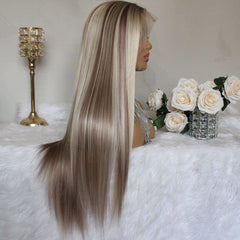 Long Straight T Part Lace Front Wigs Mixed Brown Blonde Highlight Synthetic Wig