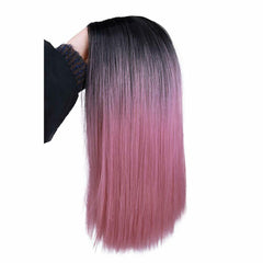 Wig Ombre Pink Wig Short Straight Bob Wigs Black to Pink Middle Part Synthetic