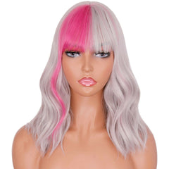 Synthetic Wig With Bangs Half Rose Purple Half Gray Wig Highlight Cosplay Party