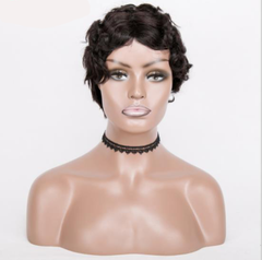Real Peruvian Human Hair Pre-Plucked Short Pixie Cut Afro Wavy Curly Wig No-Lace