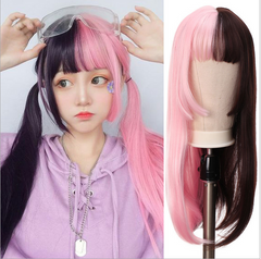Long Synthetic Half Black Pink Straight Wig With Bang Cosplay Party Full Wigs