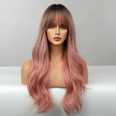 Long Pink Wig with Bangs Body Wavy Dark Root Synthetic Hair Wigs Heat Resistant