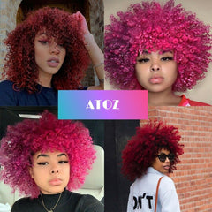 Afro Kinky Curly Synthetic Wigs Bob Rose Pink Heat Safe Party for Black Women