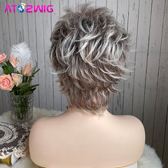 Pixie Cut Wig for Black White Women Dark Root Ombre Brown Blonde Short Hair Synthetic Fluffy Capless Wigs Perruque