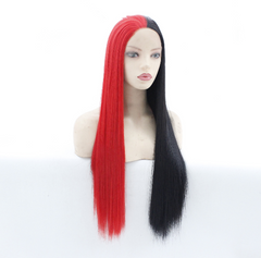 20'' Half Black And Half Red Wig Long Straight Women Lace Front Wig Synthentic
