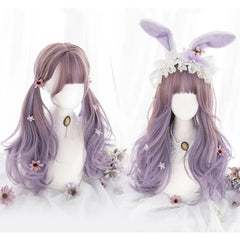 Long Ombre Colorful Synthetic Cosplay Lolita Harajuku Wig With Bangs Natural Wavy Wigs Pink Purple Cospay Wigs