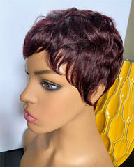 Short Red Burgundy 99J Color Bob Pixie Cut Wavy None Lace Front Human Hair Wigs