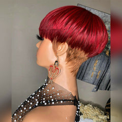 Pixie Cut Wine Red Brown Mixed Ombre Wig With Bangs For Women Synthetic Hair Wig