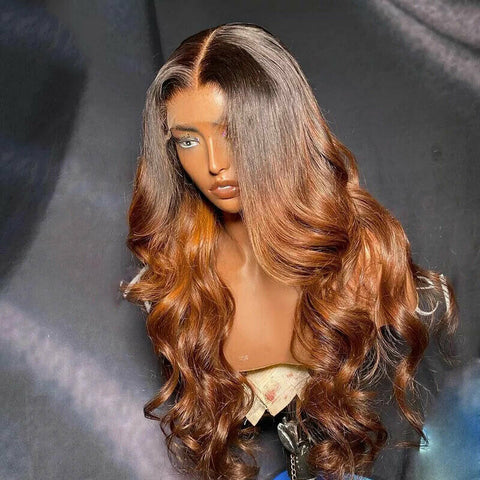 New Ombre Brown Hair Lace Front Wig Synthetic Body Wave Heat Resistant For Women