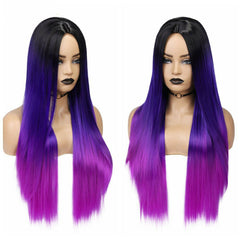 Women Long Straight Synthetic Wig Ombre Purple Hair Heat Safe Cosplay Party Wigs