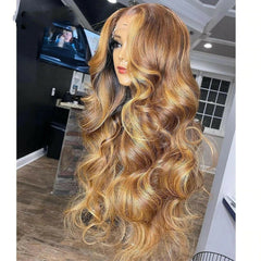 18" Human Hair Wigs Body Wave T part Lace Front Wig Ombre Honey Blonde and Brown