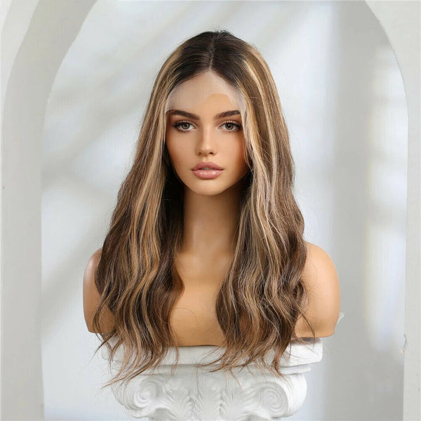 Beach Wave Human Hair Wig 13×5×1 Long Brown Highlight Lace Front Wigs for Women