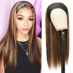 Long Straight Headband Wig Brown Highlight Wigs for Women Synthetic Headband Wig