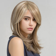 Long Brown Blonde Wavy Wig Shoulder Length Synthetic Hair Wigs With Bangs