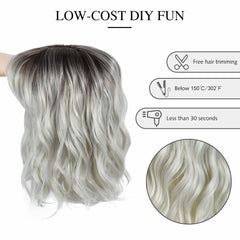 Short Bob Curly Wavy Wig With Bangs Ombre Silver Synthetic Hair Wigs Heat Fiber