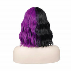 Half Black and Half Purple Wig 2-Tone Dyed with Bangs Short Curly Wavy Bob Wig