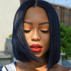 Womens Short Bob Black Brazilian Remy Human Hair 13x1 T Part Lace Front Wigs 10"