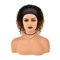 8 Inch Ombre Curly Brown Mix Black Wig Human Hair With Headband Non Lace