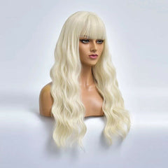 Long Wave Blonde Daily Hair Synthetic Glueless Wig With Bangs Heat Resistant