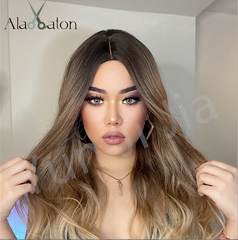 Women Long Wavy Wigs Brown Golden Blonde Wave Curly Hair Ombre Bangs Party Wigs