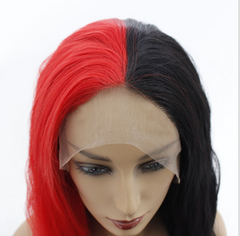 Body Wave Long Lace Front Wig Synthentic Half Black and Half Red Machine Made