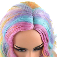 Short Bob 14'' Wavy Curly Wig Blue Ombre Wig For Women Cosplay Halloween Party