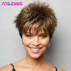 Short Pixie Cut Hair Synthetic Wigs With Bangs Natural Straight Highlight Brown Blonde Wigs For Women Ladies