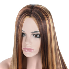 24" Brown Blonde Highlights Wigs Long Straight Natural Synthetic Hair for Women