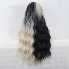 Long Wavy Curly Wigs for Women Ombre Black Silver Grey Two Tone Synthetic Heat