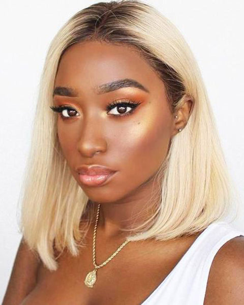 Remy Human Hair Straight Short Bob 13x6 Lace Front Wigs Ombre T1B/613 Color