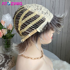 Pixie Cut Wig for Black White Women Dark Root Ombre Brown Blonde Short Hair Synthetic Fluffy Capless Wigs Perruque
