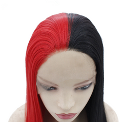 20'' Half Black And Half Red Wig Long Straight Women Lace Front Wig Synthentic