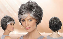Short Grey Wigs for Women Mixed Gray Pixie Cut Wigs with Bangs Natural Layered