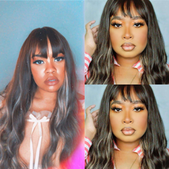 Long Black Mixed Blonde Body Wave Wig with Bangs Brazilian Human Hair Wavy Wigs