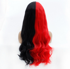 Body Wave Long Lace Front Wig Synthentic Half Black and Half Red Machine Made