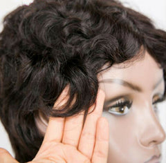 Real Peruvian Human Hair Pre-Plucked Short Pixie Cut Afro Wavy Curly Wig No-Lace