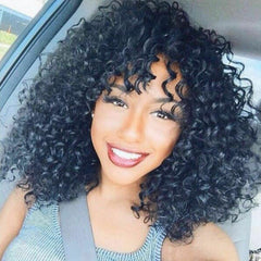Black Full Wig Afro Natural Kinky Curly Wig with Bangs for Afro Women Daily Use