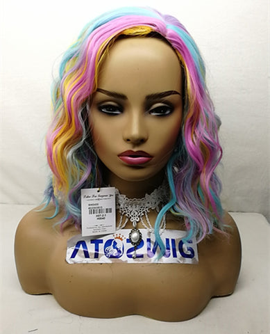 Short Bob 14'' Wavy Curly Wig Blue Ombre Wig For Women Cosplay Halloween Party