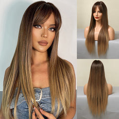 Long Straight Synthetic Hair Ombre Brown Wigs with Bangs for Women Daily Use