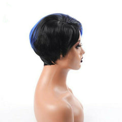Short Straight Synthentic Wig Black Root With Blue Mix Wig Side Part Heat Resist