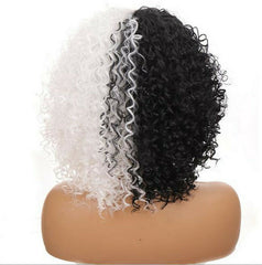 Short Afro Curly Wave Wig Middle Part Hale Black and Half White Heat Resistant